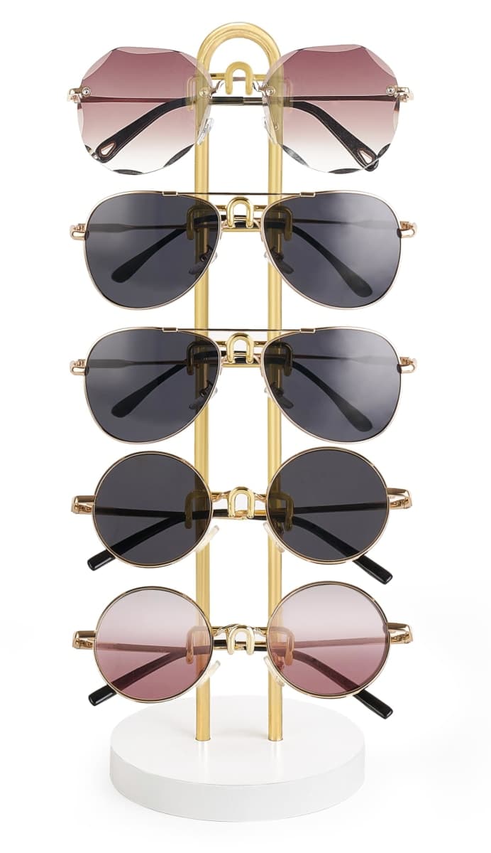 Mkono Sunglasses Organizer Glasses Holder Stand Sunglass Storage Eyeglasses Rack Metal Frame with Wood Base for 5 Pairs of Eyewear Display for Table Desk Countertop Dresser Bedroom, Set of 1, Gold — image 1
