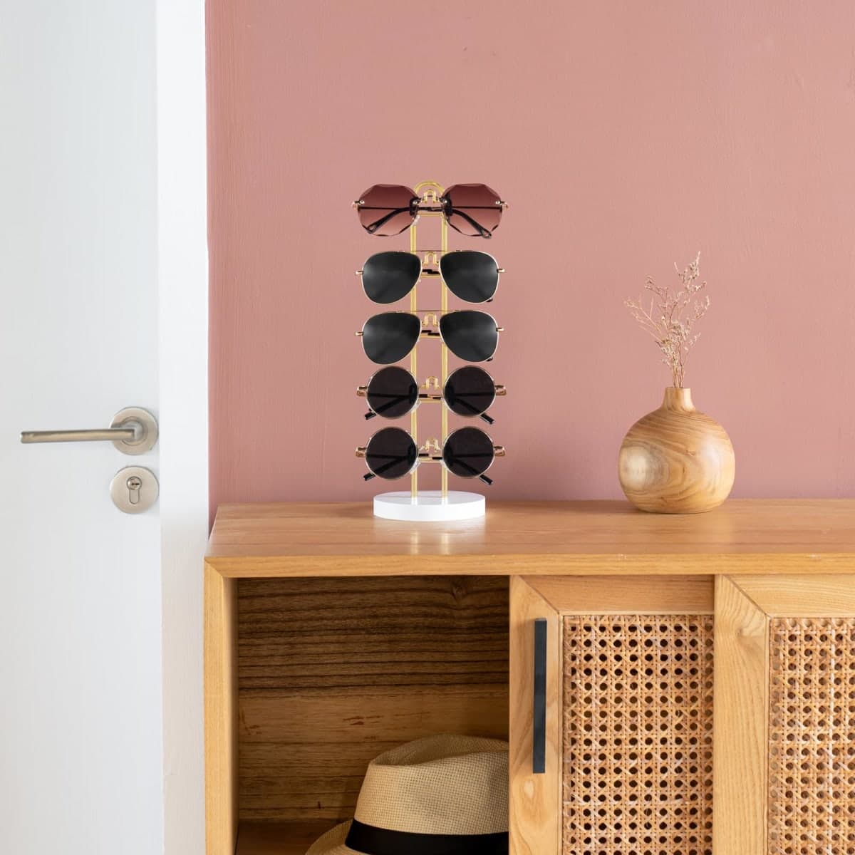 Mkono Sunglasses Organizer Glasses Holder Stand Sunglass Storage Eyeglasses Rack Metal Frame with Wood Base for 5 Pairs of Eyewear Display for Table Desk Countertop Dresser Bedroom, Set of 1, Gold thumbnail 2