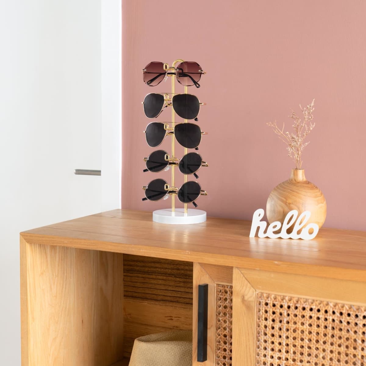 Mkono Sunglasses Organizer Glasses Holder Stand Sunglass Storage Eyeglasses Rack Metal Frame with Wood Base for 5 Pairs of Eyewear Display for Table Desk Countertop Dresser Bedroom, Set of 1, Gold thumbnail 3