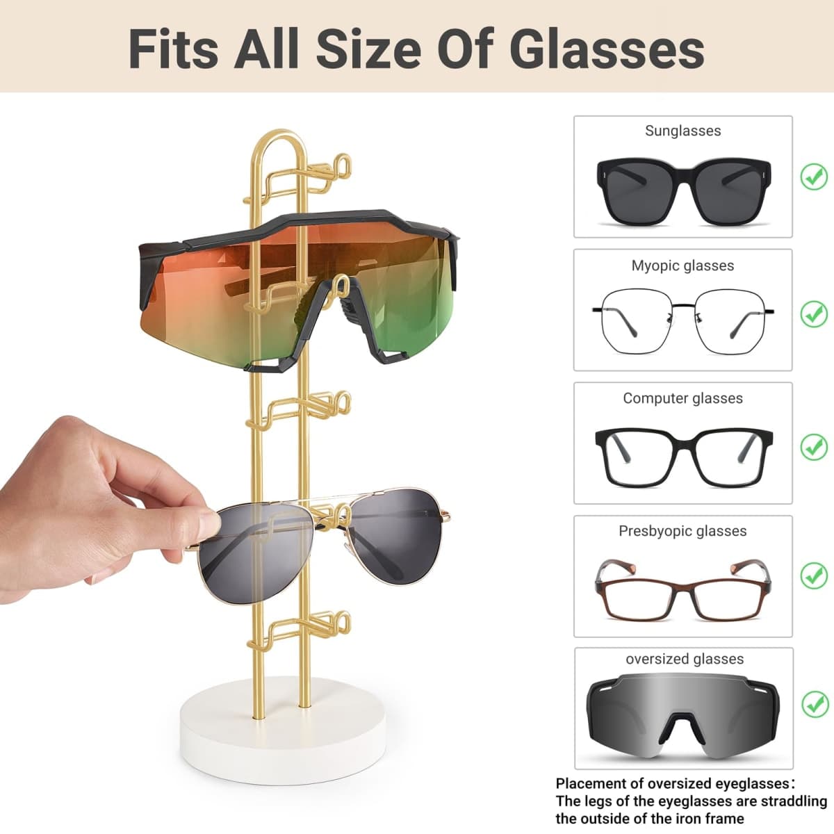 Mkono Sunglasses Organizer Glasses Holder Stand Sunglass Storage Eyeglasses Rack Metal Frame with Wood Base for 5 Pairs of Eyewear Display for Table Desk Countertop Dresser Bedroom, Set of 1, Gold thumbnail 4