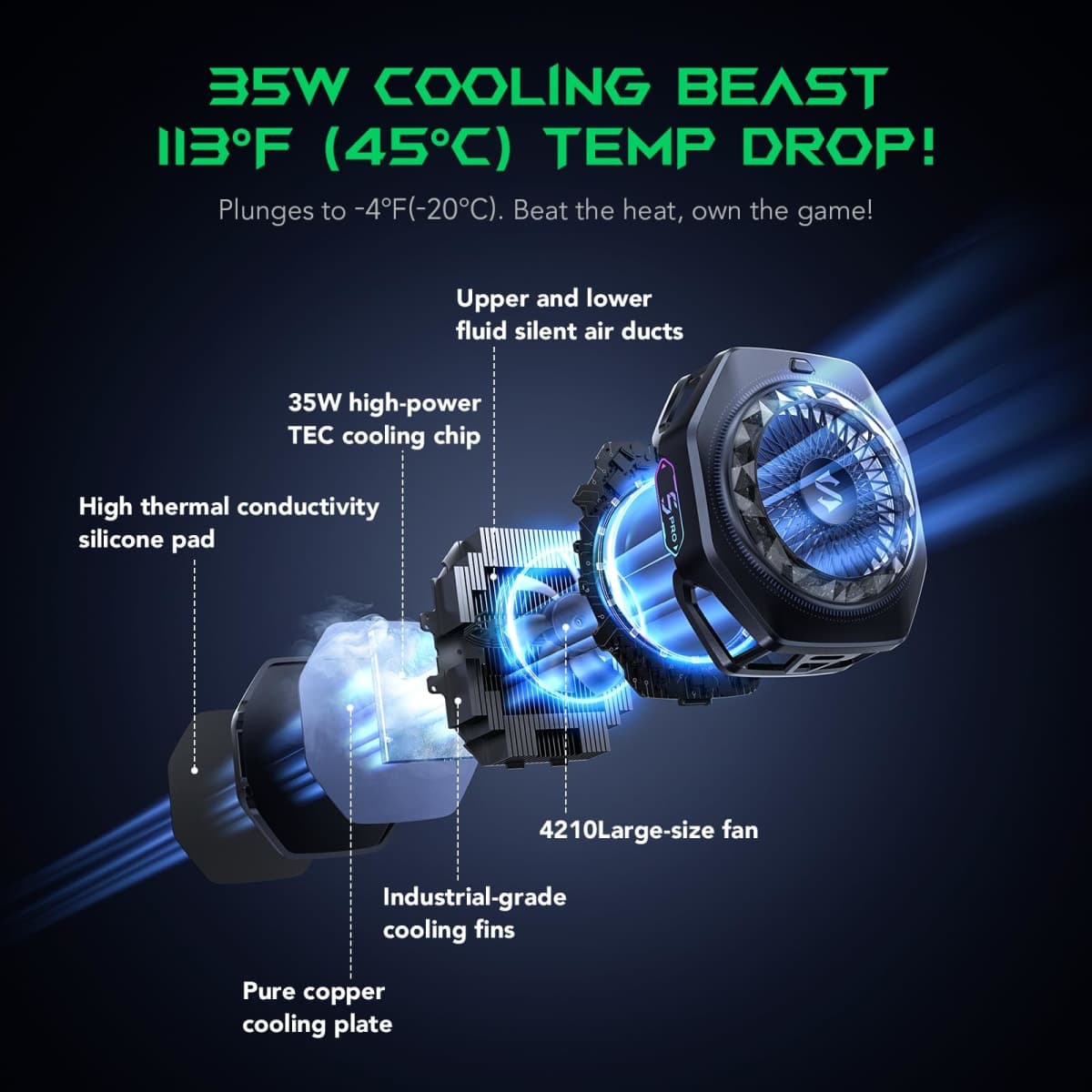 Black Shark 5 Pro Magnetic Phone Cooler - 18 RGB LED Addressable Detachable Handle, App Controlled Thermostatic Fan for iPhone MagSafe/Android/iPad - Game/Streaming thumbnail 2