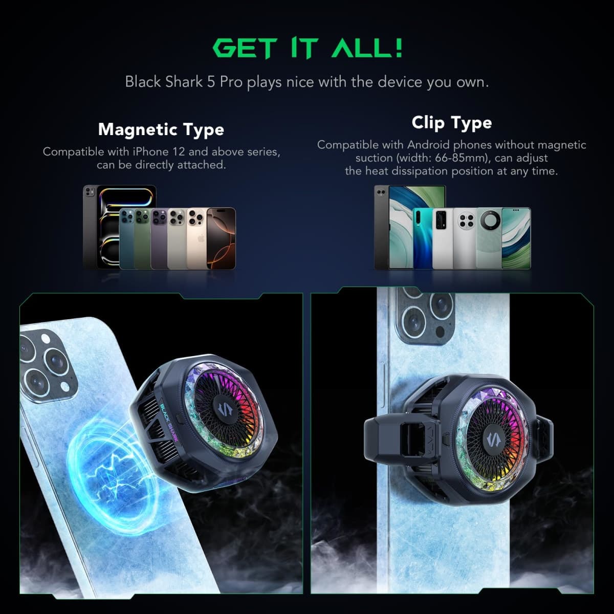 Black Shark 5 Pro Magnetic Phone Cooler - 18 RGB LED Addressable Detachable Handle, App Controlled Thermostatic Fan for iPhone MagSafe/Android/iPad - Game/Streaming thumbnail 4