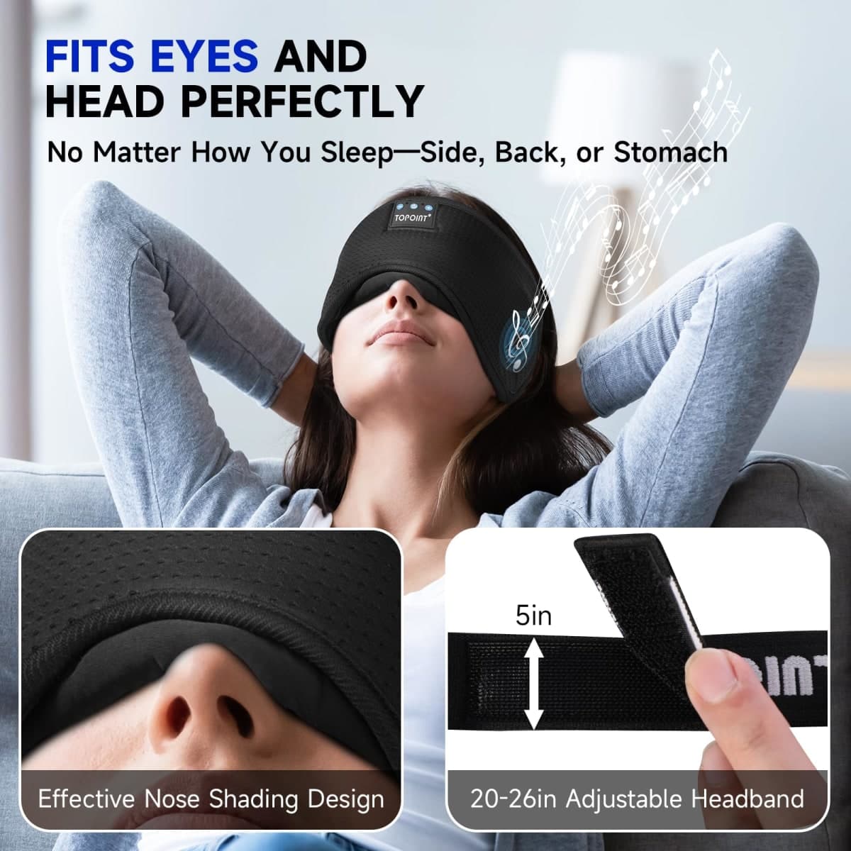 TOPOINT Sleep Mask Headphones Bluetooth Wireless 5.4, Breathable Cotton Eye Mask for Sleeping Side Sleepers Travel Music Headsets with Microphone Handsfree Men Women thumbnail 3