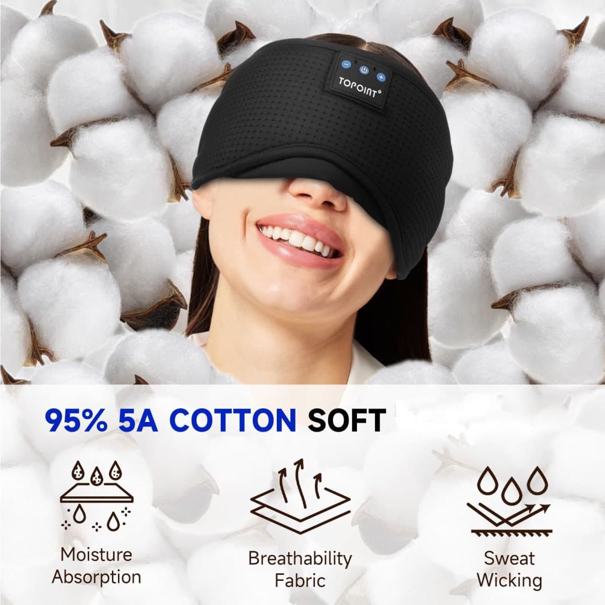 TOPOINT Sleep Mask Headphones Bluetooth Wireless 5.4, Breathable Cotton Eye Mask for Sleeping Side Sleepers Travel Music Headsets with Microphone Handsfree Men Women thumbnail 4