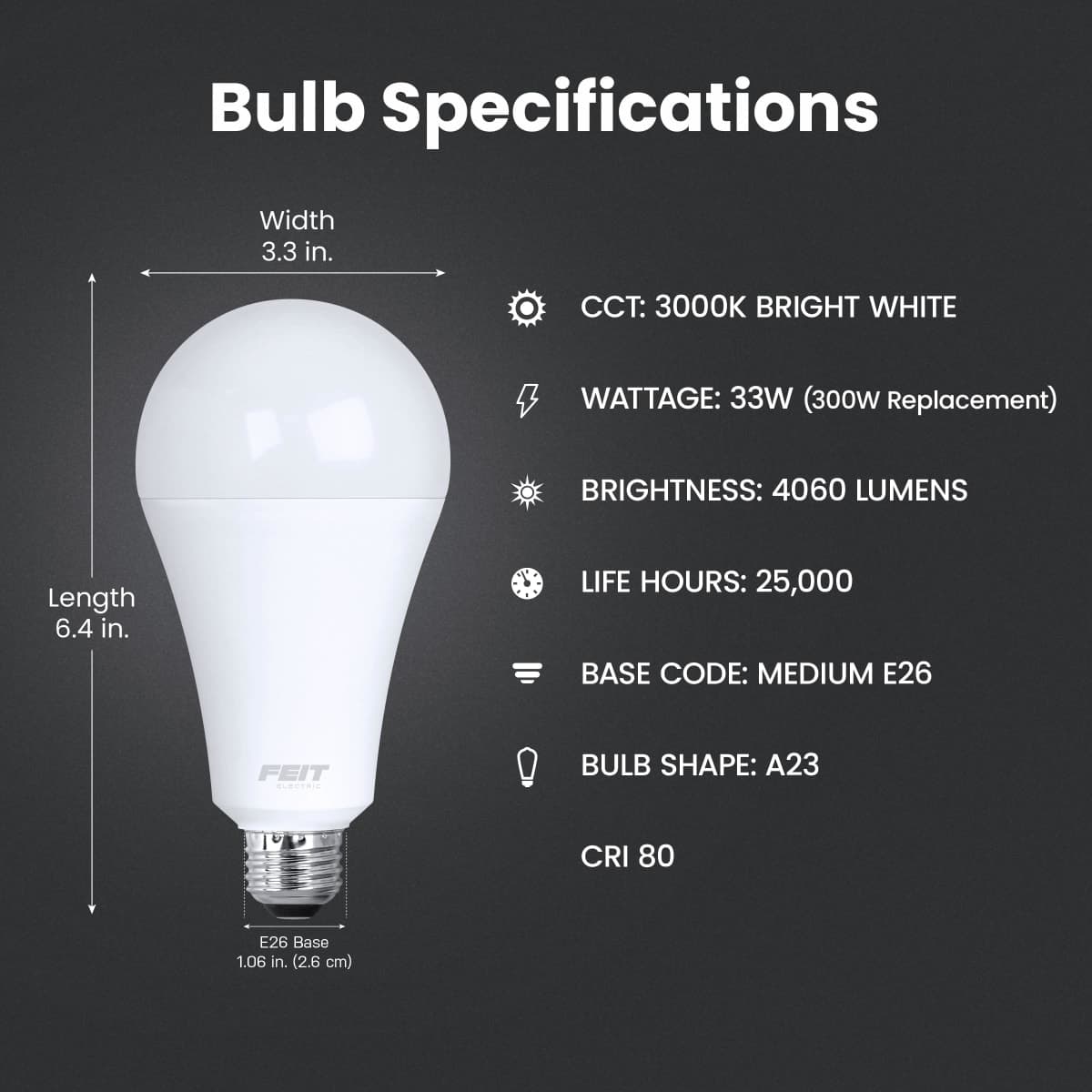 Feit Electric A23 LED Light Bulb, 300W Equivalent, Non-Dimmable, 4060 Lumens, E26 Standard Base, 3000k Soft White, High Output LED Bulb, Damp Rated, 22 Year Lifetime, OM300/830/LED thumbnail 2