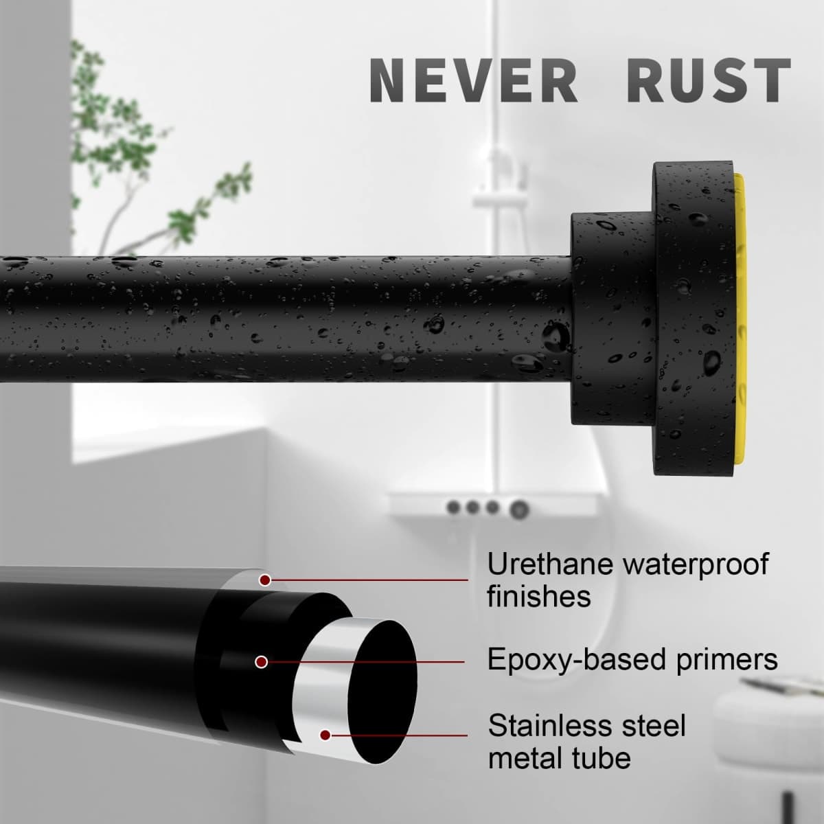 Thestoa Shower Curtain Rod Adjustable 43-78 inch, 1"Diameter Spring Tension Curtain Rod No Drill, Anti-Rust Non-Slip Shower Rod, thumbnail 4