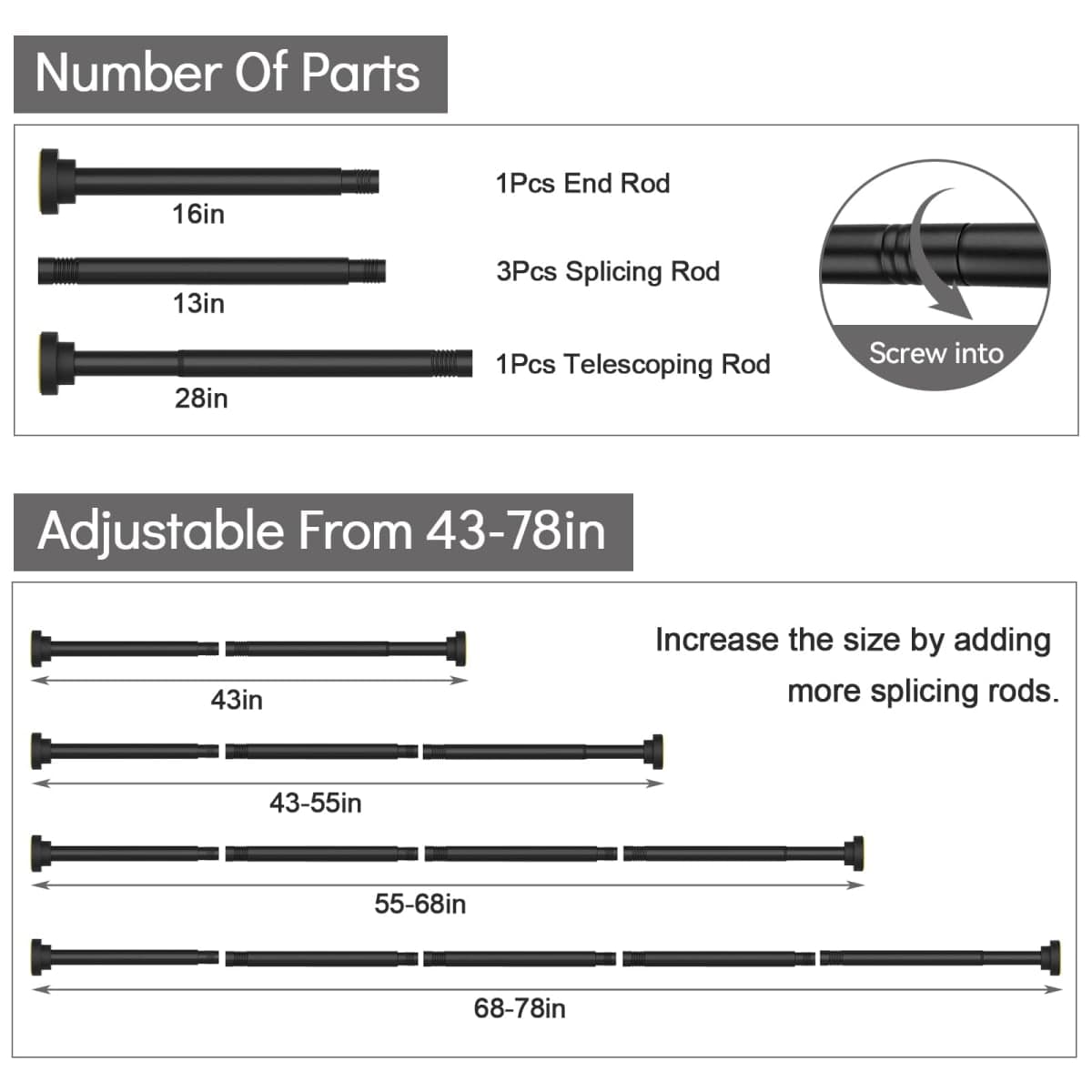Thestoa Shower Curtain Rod Adjustable 43-78 inch, 1"Diameter Spring Tension Curtain Rod No Drill, Anti-Rust Non-Slip Shower Rod, thumbnail 5