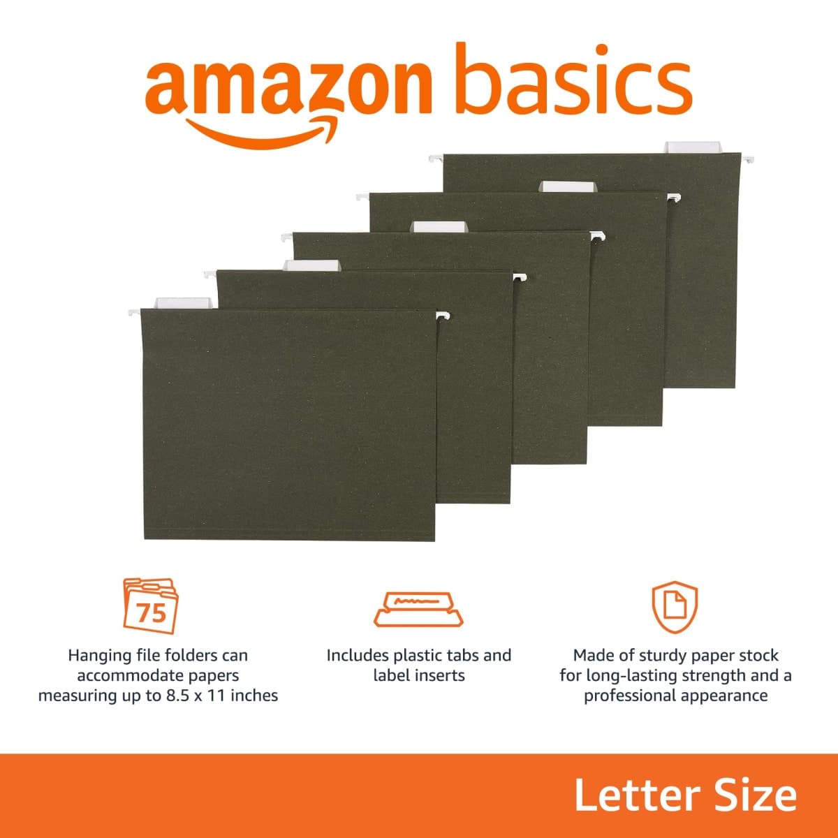 Amazon Basics Hanging File Folders, Letter Size, Standard Green, 1/5-Cut Tabs, 75 per box thumbnail 2