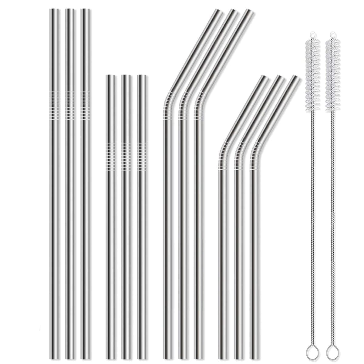 12 Pack of Reusable Stainless Steel Metal Straws, 3 Straight + 3 Bent 10.5 Inch and 3 Straight + 3 Bent 8.5 Inch Metal Straws with 2 Cleaning Brushes for 20 24 30 oz Tumbler Dishwasher Safef — image 1