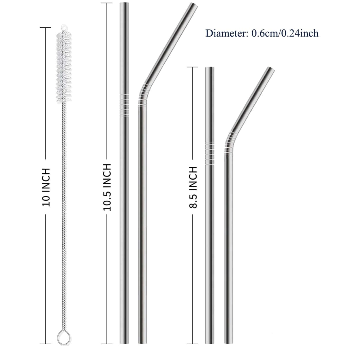 12 Pack of Reusable Stainless Steel Metal Straws, 3 Straight + 3 Bent 10.5 Inch and 3 Straight + 3 Bent 8.5 Inch Metal Straws with 2 Cleaning Brushes for 20 24 30 oz Tumbler Dishwasher Safef thumbnail 2