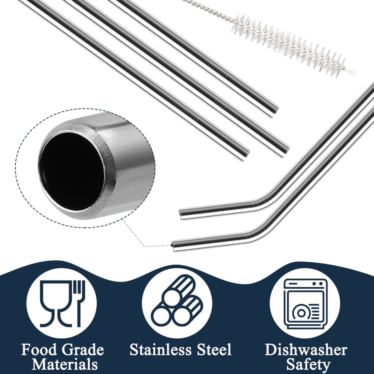 12 Pack of Reusable Stainless Steel Metal Straws, 3 Straight + 3 Bent 10.5 Inch and 3 Straight + 3 Bent 8.5 Inch Metal Straws with 2 Cleaning Brushes for 20 24 30 oz Tumbler Dishwasher Safef thumbnail 3