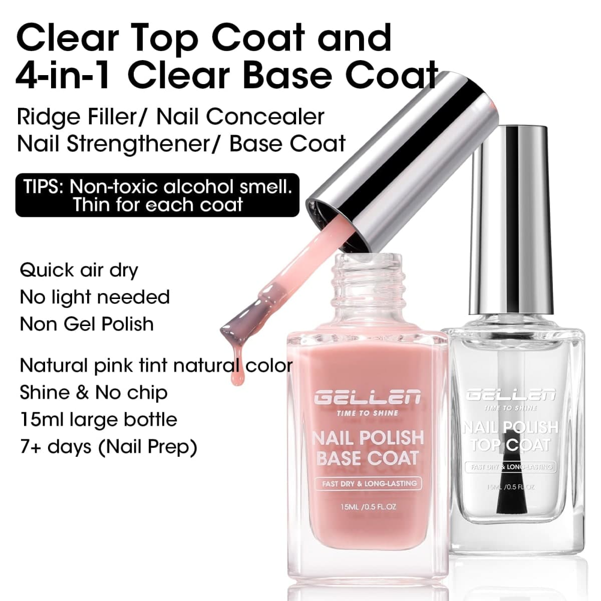 GELLEN Clear Nail Polish Base Top Coat, No Lamp Needed, Toxin HEMA Free thumbnail 2