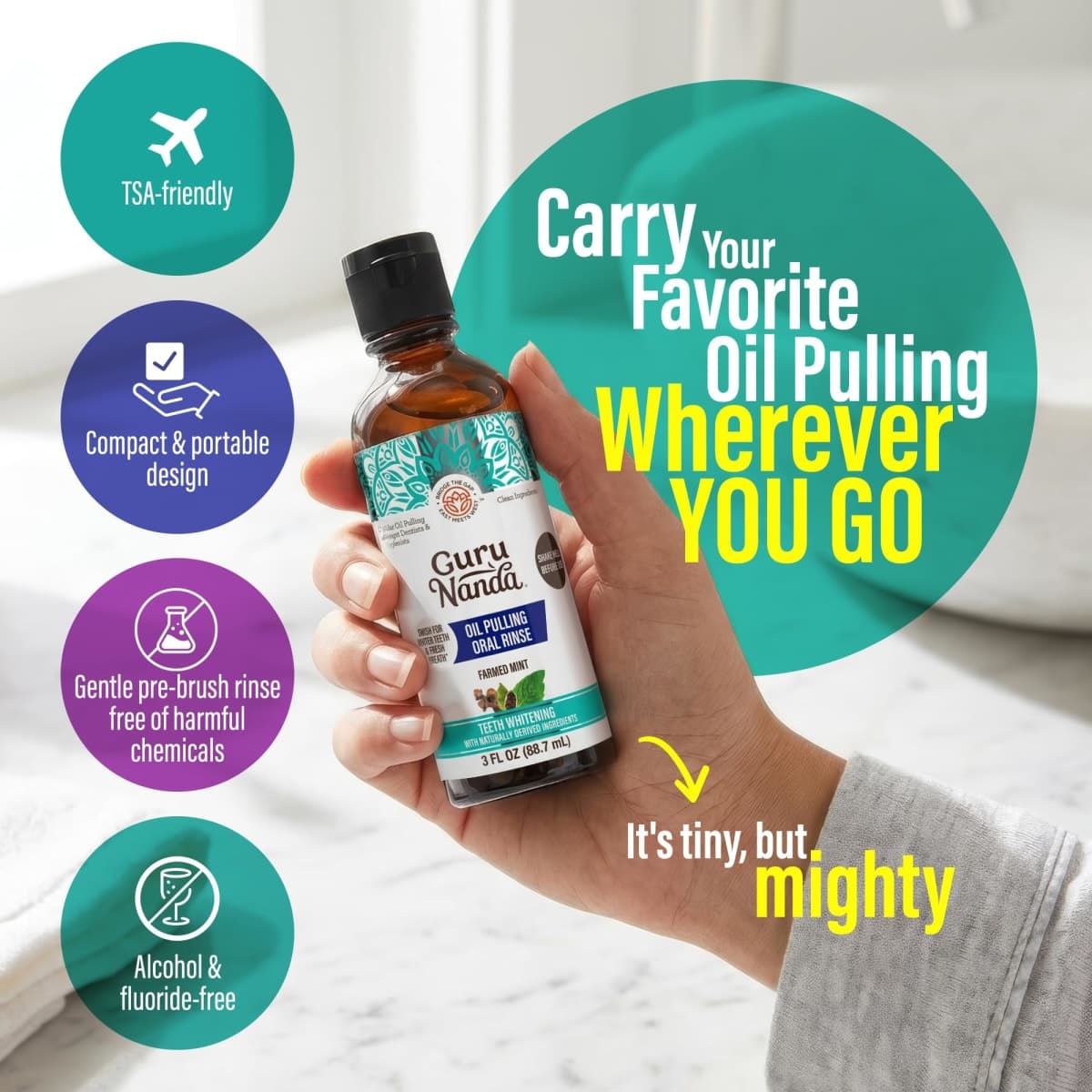 GuruNanda Travel Size CocoMint Oil Pulling Mouthwash, 7 Essential Oils & Vitamins, Promotes Fresh Breath & Happy Gums, No Alcohol & Fluoride, 3 oz thumbnail 2