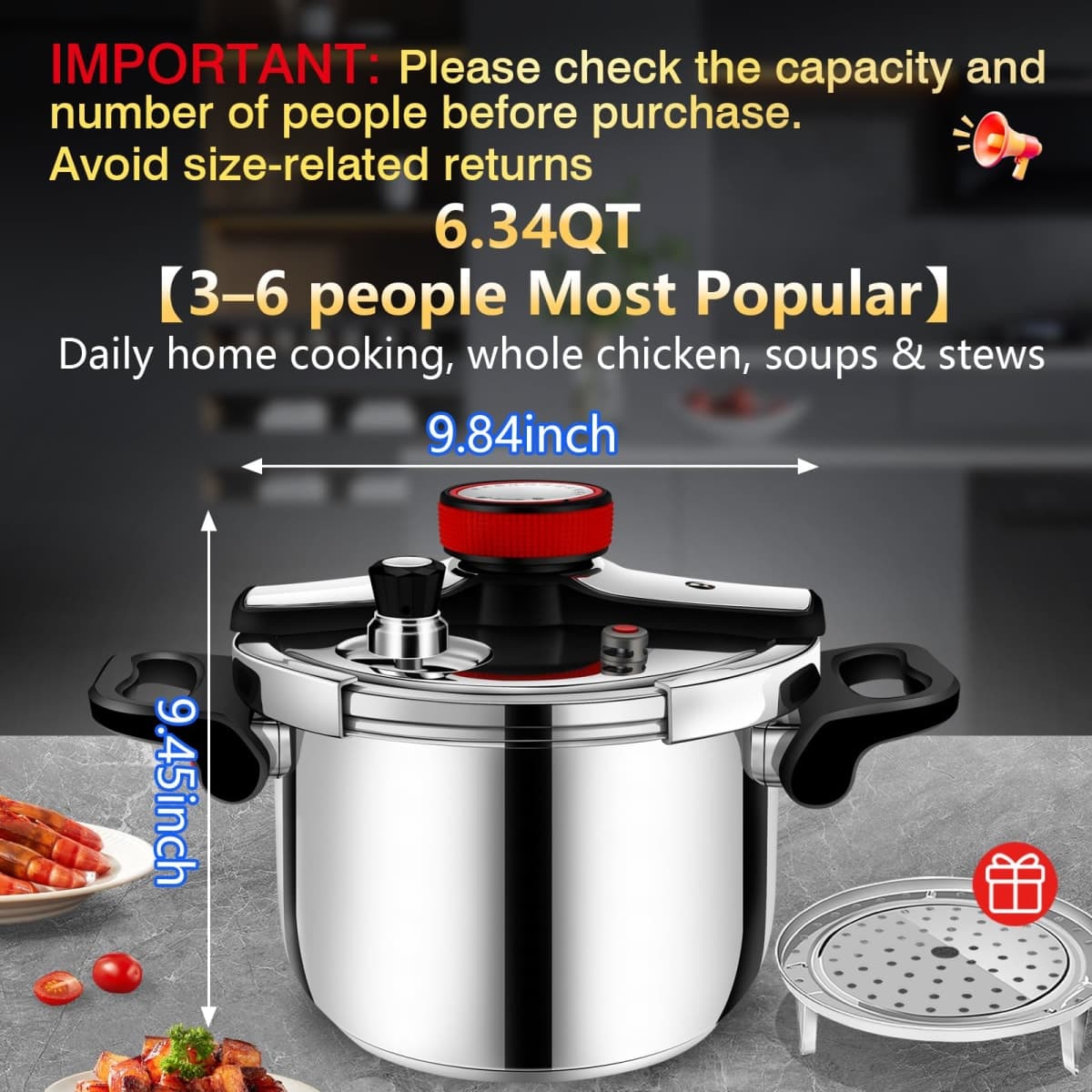 6 Quart Stainless Steel Pressure Cooker, Heavy Duty Stovetop Pressure Cooker, Induction Compatible, Safety Lock, Even Heat Base, Ideal for Family Meals & Daily Cooking thumbnail 2