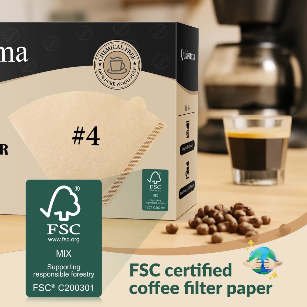 Qukisuma Cone Coffee Filters #4, Number 4 Coffee Filter 8-12 Cup for Drip Coffee Maker, Unbleached Natural (150, #4) thumbnail 4