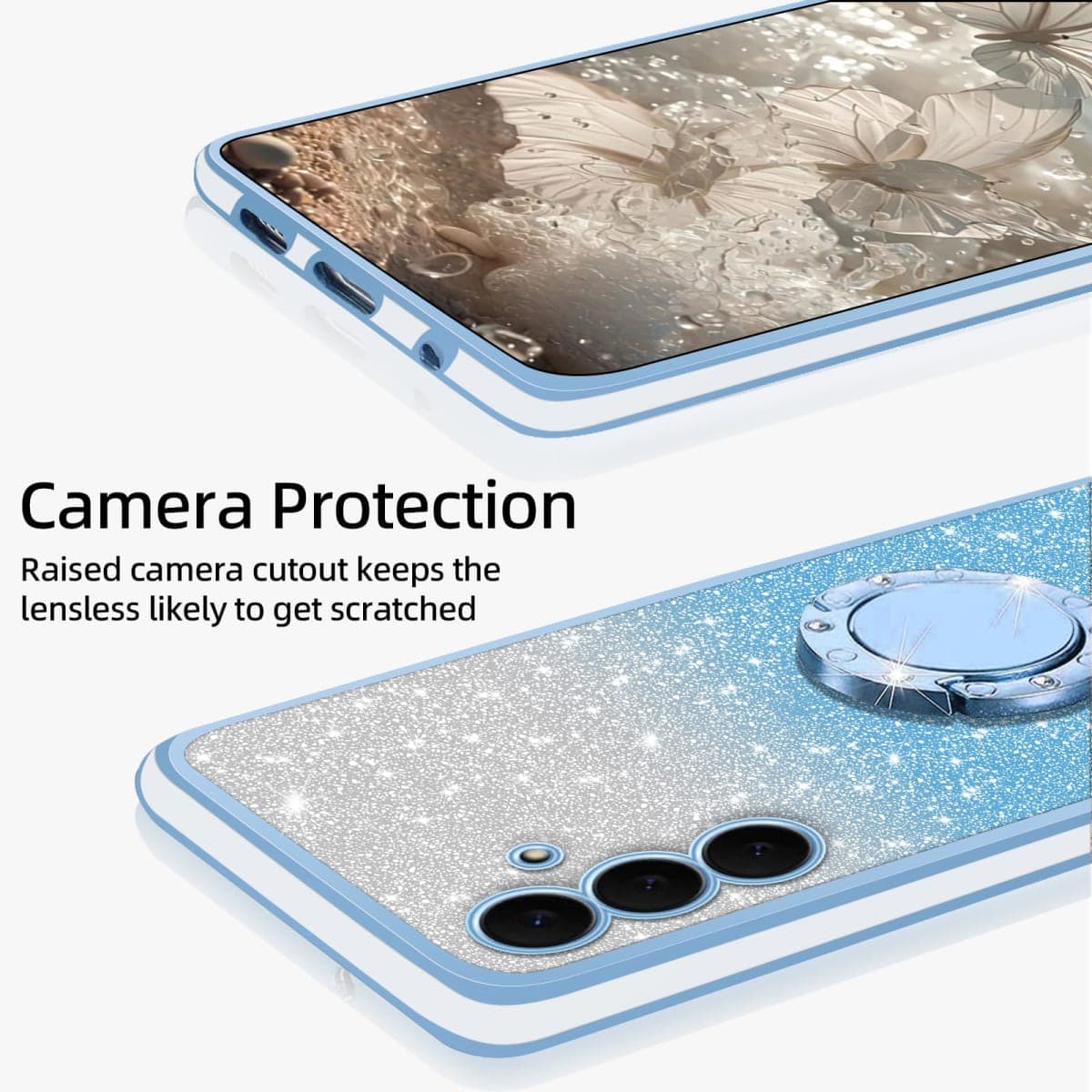 KuDiNi Phone Case for Samsung Galaxy S25 FE 6.7" Cute Sparkle Bling Sparkly Slim Clear TPU Shiny Glitter Case with Kickstand & Strap,Women Shockproof Protective Cover for S25 Fe,Sky Blue thumbnail 4