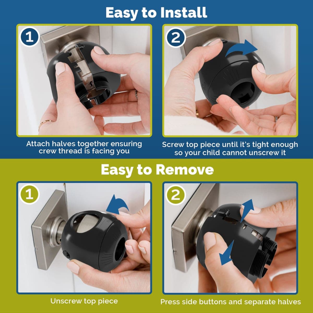 Child Safety Door Knob Cover (4 Pack) Hard-to-Remove Dual-Lock Door Handle Covers for Kids - Reusable Baby Proof Door Knob Locks - Installs Easily, No Tools Needed (Black) thumbnail 3