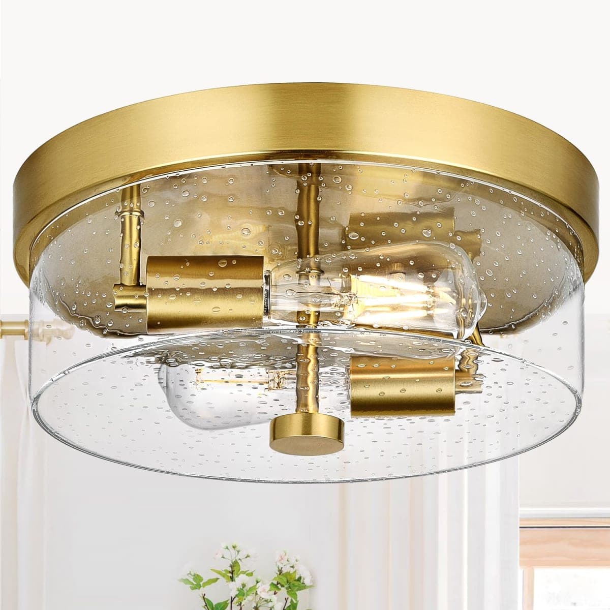 Flush Mount Ceiling Light Fixtures, 2-Light Gold Ceiling Mount for Farmhouse with Seeded Glass Lampshade, Industrial Flush Mount Light Fixture Farmhouse for Hallway, Kitchen, Entryway and Foyer — image 1