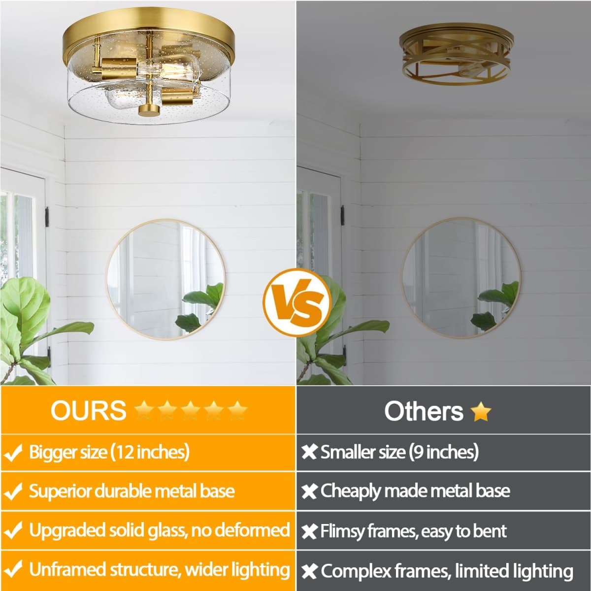Flush Mount Ceiling Light Fixtures, 2-Light Gold Ceiling Mount for Farmhouse with Seeded Glass Lampshade, Industrial Flush Mount Light Fixture Farmhouse for Hallway, Kitchen, Entryway and Foyer thumbnail 2
