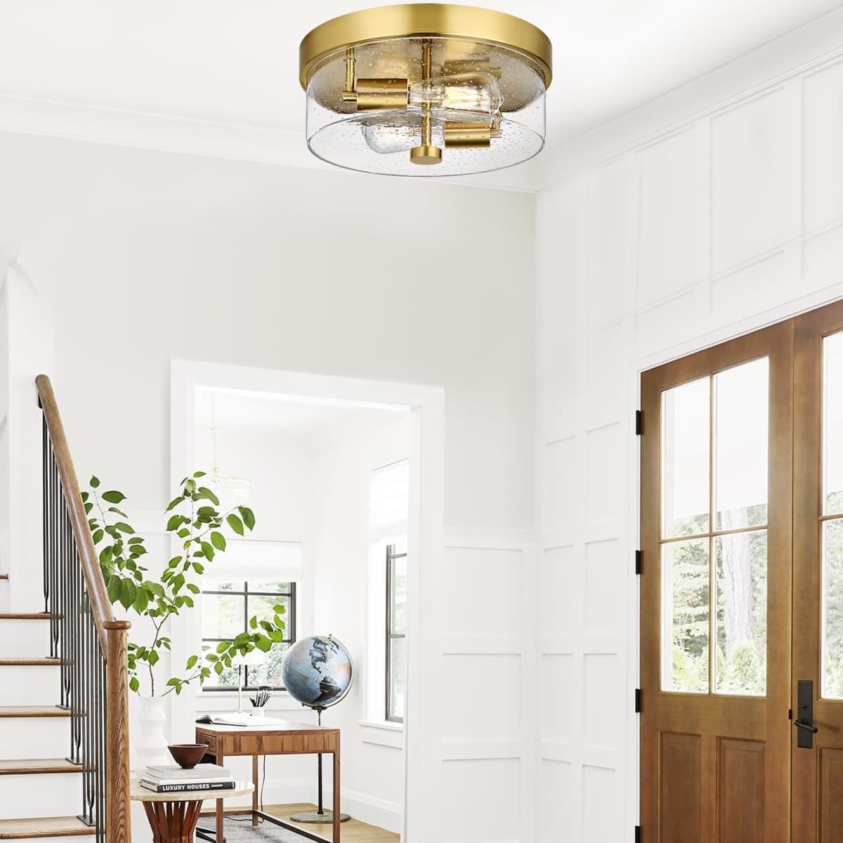 Flush Mount Ceiling Light Fixtures, 2-Light Gold Ceiling Mount for Farmhouse with Seeded Glass Lampshade, Industrial Flush Mount Light Fixture Farmhouse for Hallway, Kitchen, Entryway and Foyer thumbnail 3