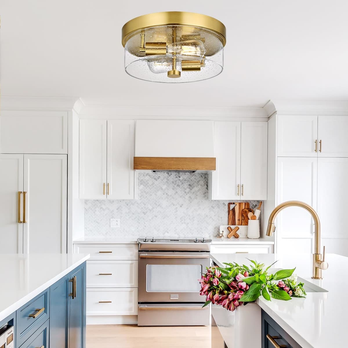 Flush Mount Ceiling Light Fixtures, 2-Light Gold Ceiling Mount for Farmhouse with Seeded Glass Lampshade, Industrial Flush Mount Light Fixture Farmhouse for Hallway, Kitchen, Entryway and Foyer thumbnail 4