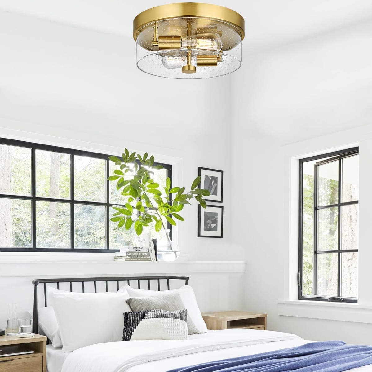 Flush Mount Ceiling Light Fixtures, 2-Light Gold Ceiling Mount for Farmhouse with Seeded Glass Lampshade, Industrial Flush Mount Light Fixture Farmhouse for Hallway, Kitchen, Entryway and Foyer thumbnail 5