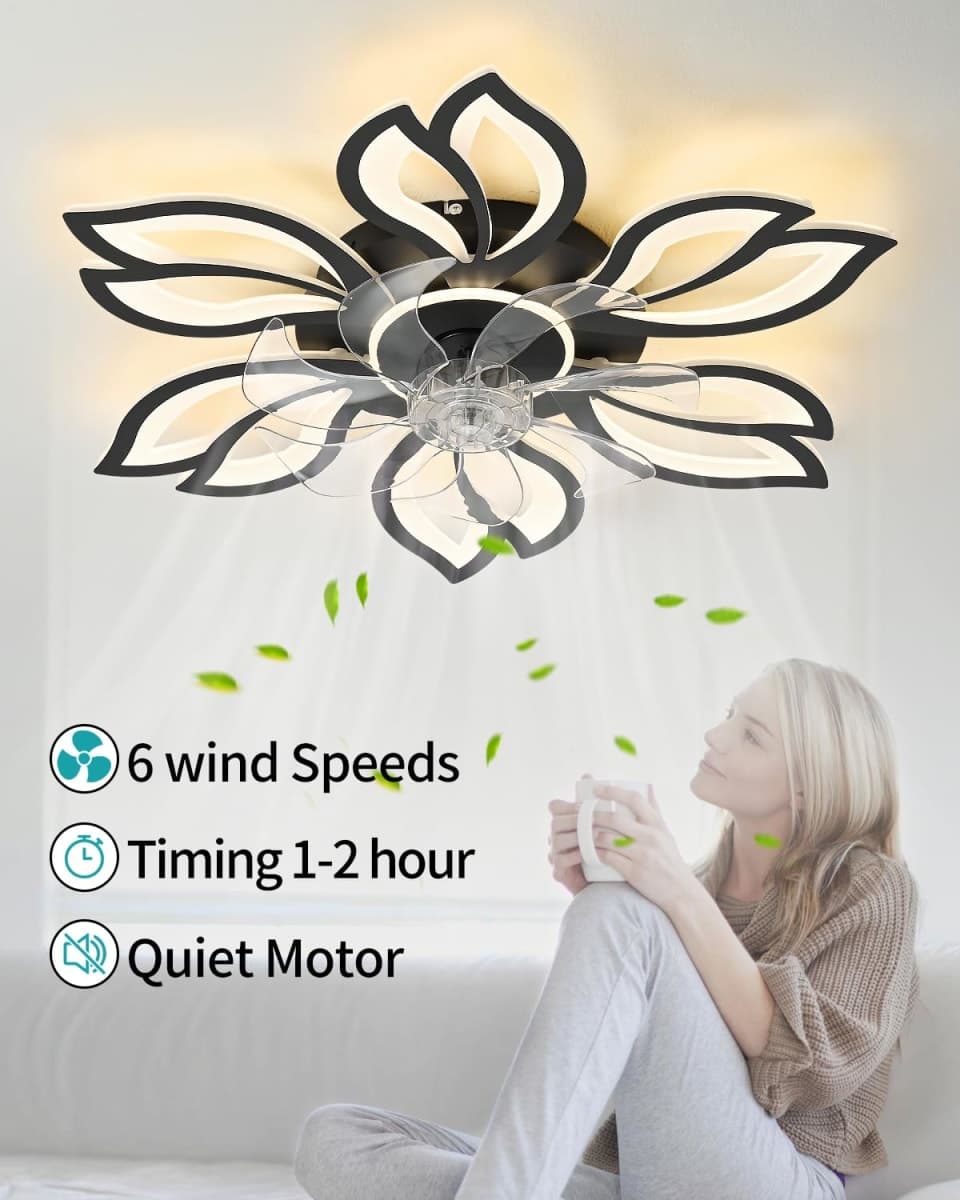 Rjieoc Modern Flower Petal Ceiling Fan with Light, Low Profile Flush Mount LED Fandelier with 3-Color Dimmable Light & 6-Speed Remote, Quiet Bladeless Fan for Bedroom/Living Room – White thumbnail 3