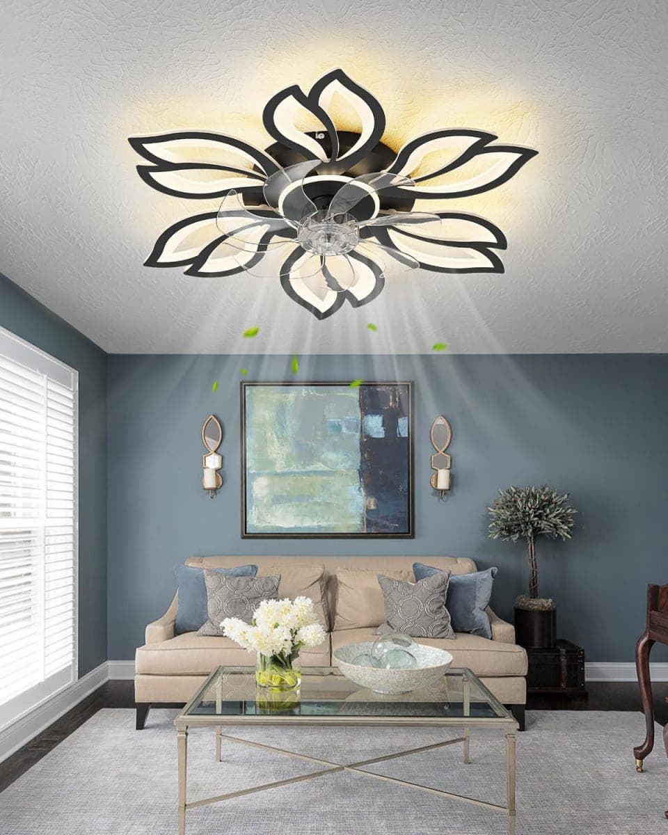 Rjieoc Modern Flower Petal Ceiling Fan with Light, Low Profile Flush Mount LED Fandelier with 3-Color Dimmable Light & 6-Speed Remote, Quiet Bladeless Fan for Bedroom/Living Room – White thumbnail 4