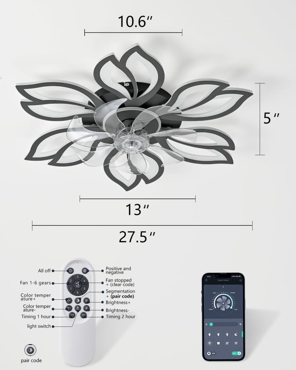 Rjieoc Modern Flower Petal Ceiling Fan with Light, Low Profile Flush Mount LED Fandelier with 3-Color Dimmable Light & 6-Speed Remote, Quiet Bladeless Fan for Bedroom/Living Room – White thumbnail 5