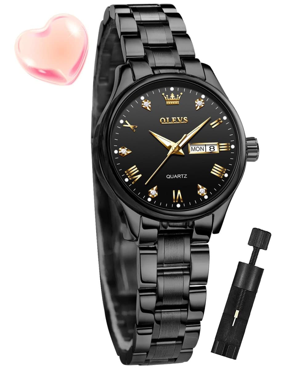 OLEVS Watch for Men Diamond Business Dress Analog Quartz Stainless Steel Waterproof Luminous Date Two Tone Luxury Casual Wrist Watch, silver black watches 3655, men watch — image 1