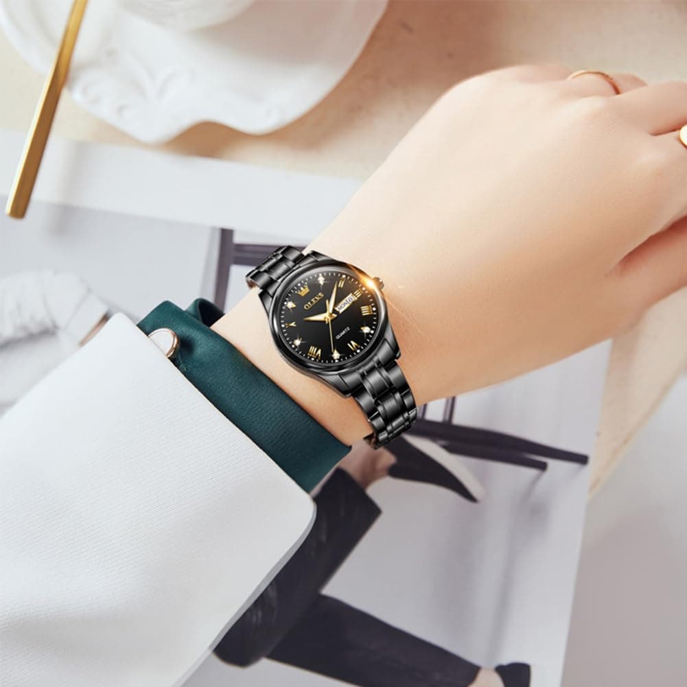 OLEVS Watch for Men Diamond Business Dress Analog Quartz Stainless Steel Waterproof Luminous Date Two Tone Luxury Casual Wrist Watch, silver black watches 3655, men watch thumbnail 2