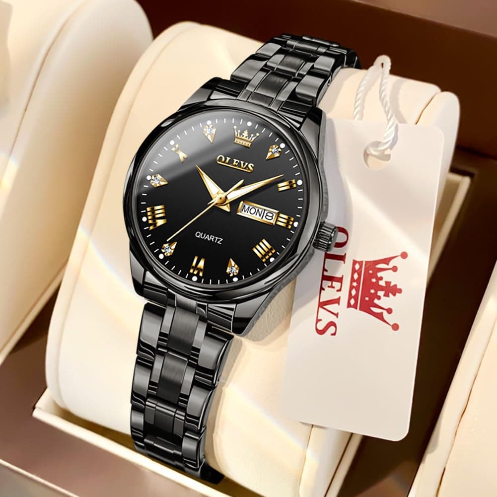 OLEVS Watch for Men Diamond Business Dress Analog Quartz Stainless Steel Waterproof Luminous Date Two Tone Luxury Casual Wrist Watch, silver black watches 3655, men watch thumbnail 5
