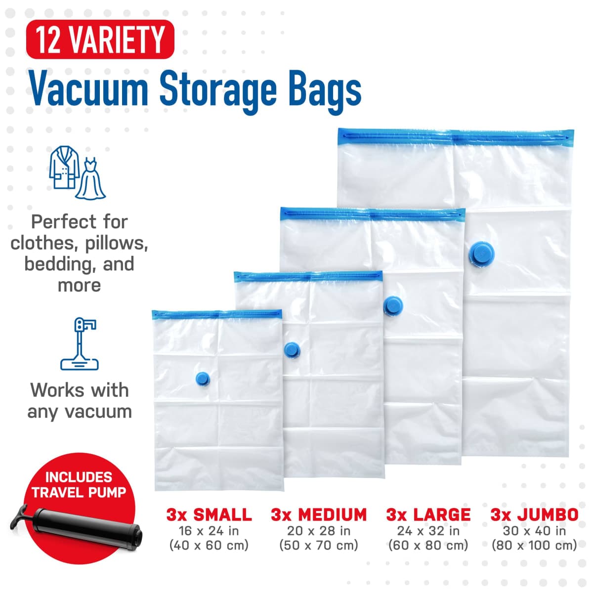 Spacesaver 12 Pack Vacuum Storage Bags Variety Pack - (3 Small, 3 Medium, 3 Large, 3 Jumbo) - 80% More Storage - Travel Hand Pump - Vacuum Sealer Bags for Clothes, Bedding, and More thumbnail 3