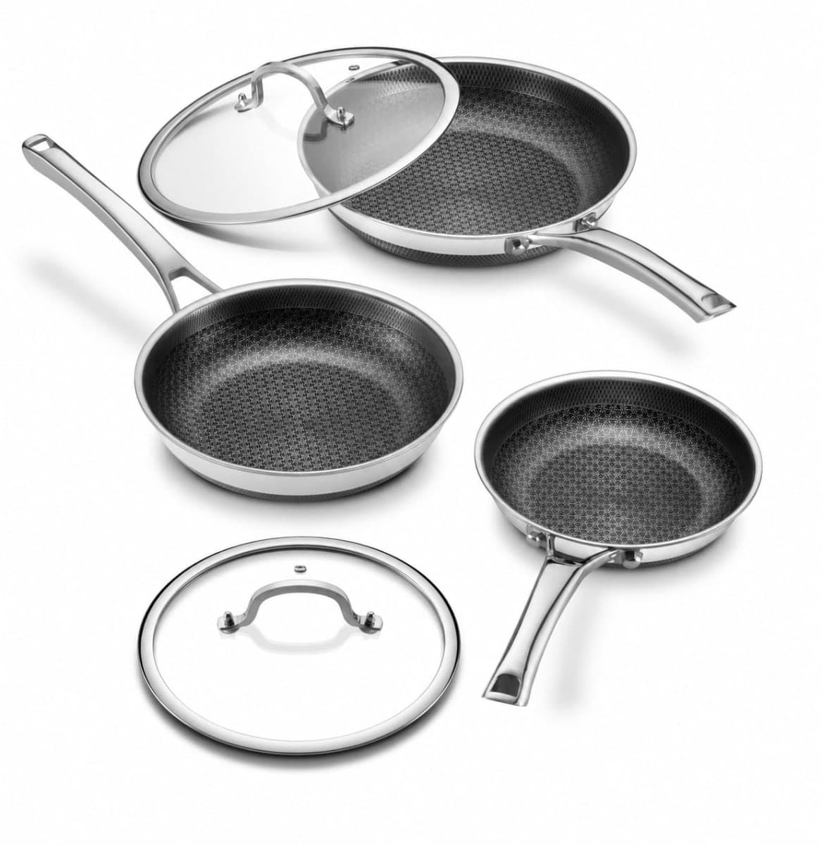 Yonida Non Stick Frying Pans with 2 Lids, 8+10+12 inch, Hybrid Frying Pans Set Nonstick,Skillets Stainless Steel Fajita, Dishwasher & Oven-Safe, Induction Compatible Cooking Pan, PFOA Free Cookware — image 1