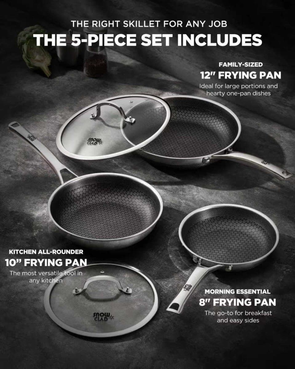 Yonida Non Stick Frying Pans with 2 Lids, 8+10+12 inch, Hybrid Frying Pans Set Nonstick,Skillets Stainless Steel Fajita, Dishwasher & Oven-Safe, Induction Compatible Cooking Pan, PFOA Free Cookware thumbnail 2