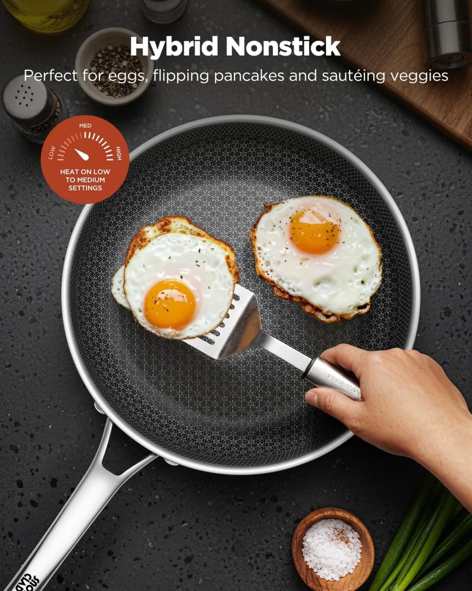 Yonida Non Stick Frying Pans with 2 Lids, 8+10+12 inch, Hybrid Frying Pans Set Nonstick,Skillets Stainless Steel Fajita, Dishwasher & Oven-Safe, Induction Compatible Cooking Pan, PFOA Free Cookware thumbnail 3