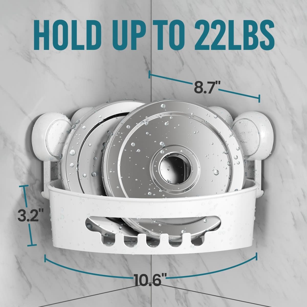 TAILI Corner Shower Caddy with Suction Cups, Wall Mounted Organizer Plastic Rack for Small Bathrooms, Kitchen, Removable Drill-Free Heavy Duty Shelf Basket, White thumbnail 2