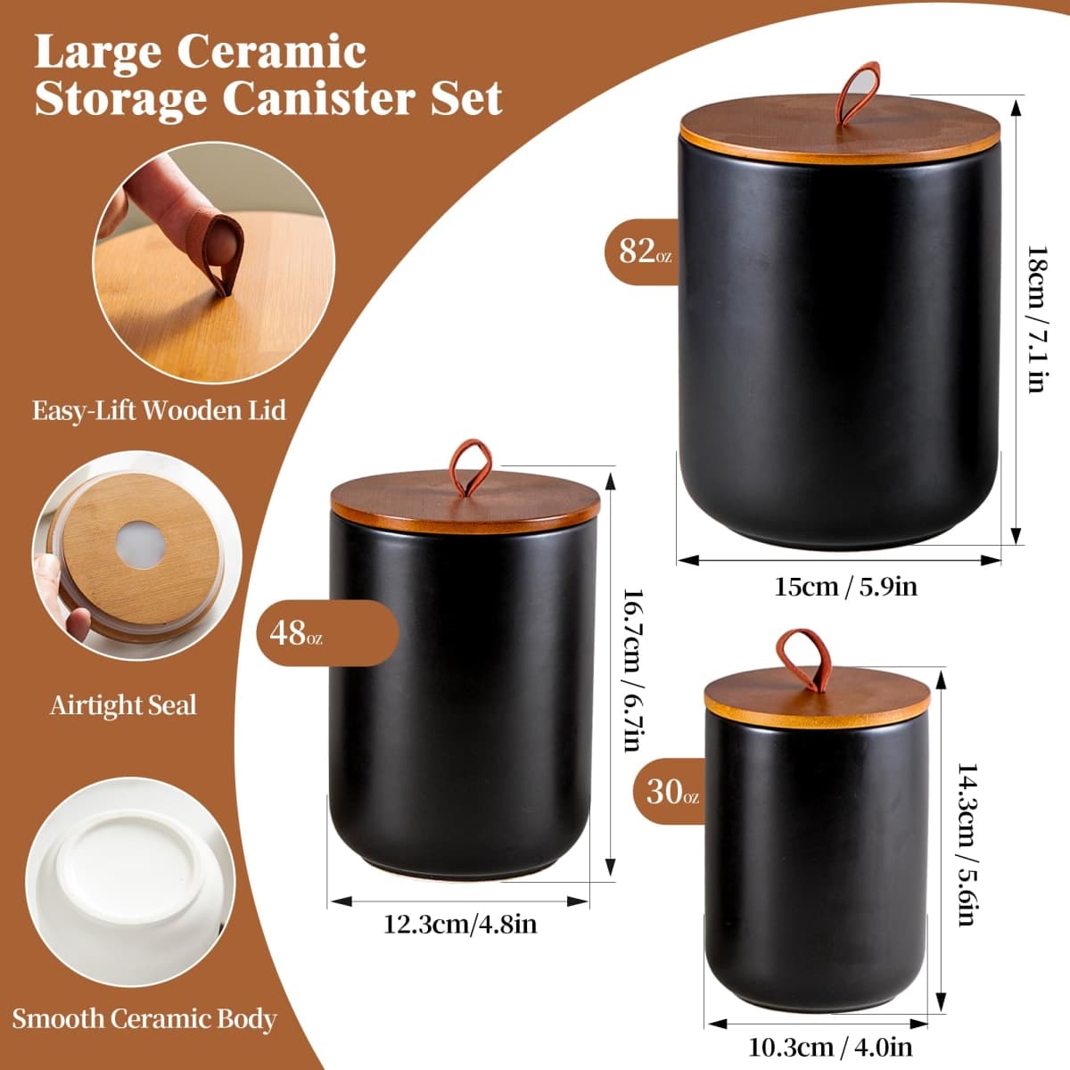 Mowtanco Ceramic Canister Set (30 oz, 48 oz, 82 oz) – Black Ceramic Jar Set with Airtight Bamboo Lids for Flour, Sugar, Tea, Coffee, Pasta, Nuts – 3-Piece Storage Containers thumbnail 2