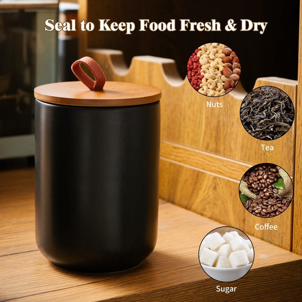 Mowtanco Ceramic Canister Set (30 oz, 48 oz, 82 oz) – Black Ceramic Jar Set with Airtight Bamboo Lids for Flour, Sugar, Tea, Coffee, Pasta, Nuts – 3-Piece Storage Containers thumbnail 3