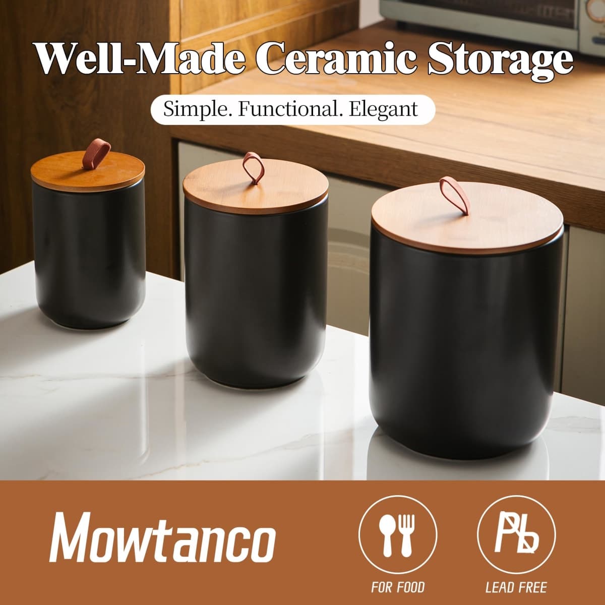 Mowtanco Ceramic Canister Set (30 oz, 48 oz, 82 oz) – Black Ceramic Jar Set with Airtight Bamboo Lids for Flour, Sugar, Tea, Coffee, Pasta, Nuts – 3-Piece Storage Containers thumbnail 4