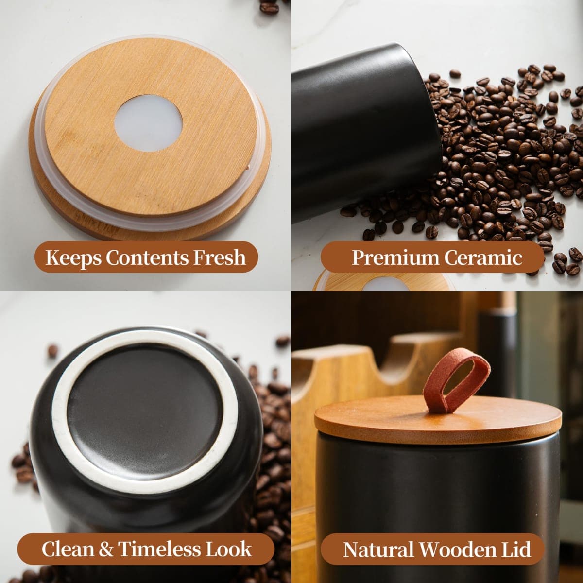 Mowtanco Ceramic Canister Set (30 oz, 48 oz, 82 oz) – Black Ceramic Jar Set with Airtight Bamboo Lids for Flour, Sugar, Tea, Coffee, Pasta, Nuts – 3-Piece Storage Containers thumbnail 5