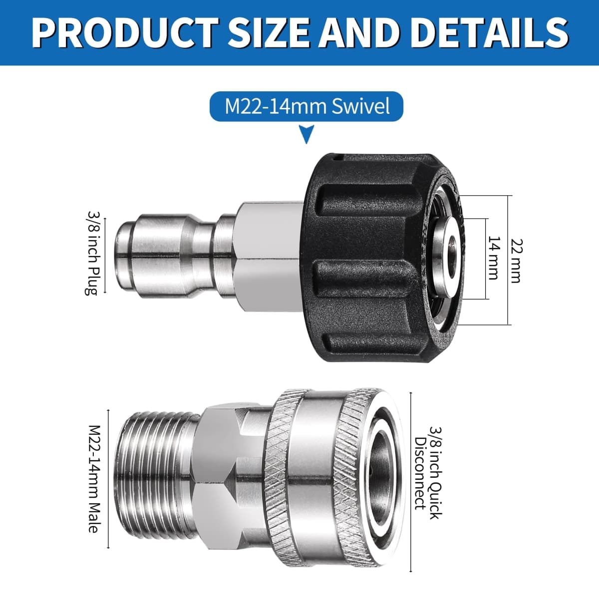 FENG PAI Pressure Washer Adapter Set, 4 Pack Stainless Steel Quick Connect Disconnect Kits, M22 14mm Swivel to 3/8" Quick Connect thumbnail 2