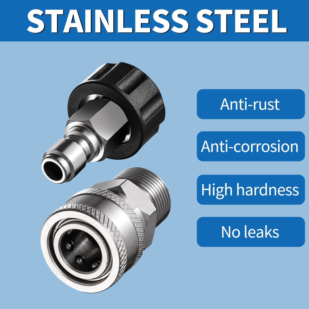 FENG PAI Pressure Washer Adapter Set, 4 Pack Stainless Steel Quick Connect Disconnect Kits, M22 14mm Swivel to 3/8" Quick Connect thumbnail 5