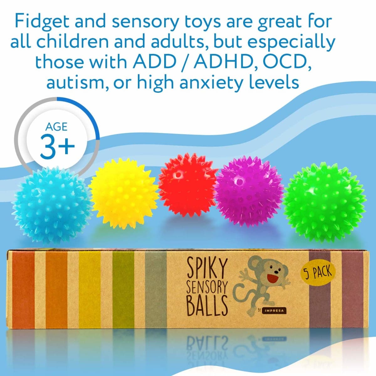 Spiky Sensory Balls (Pack of 5) - Squeezy and Bouncy Fidget Toys / Sensory Toys - BPA/Phthalate/Latex-Free thumbnail 3