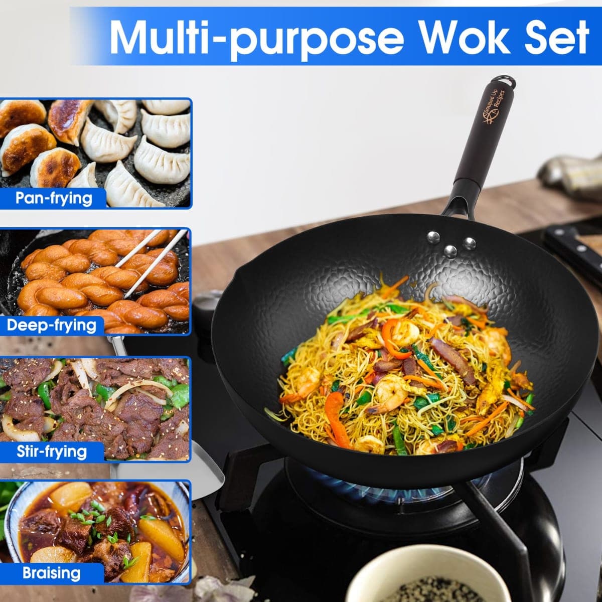 Souped Up Recipes 13.4 Inch Carbon Steel Wok for Electric, Induction and Gas Stoves (Lid, Spatula and User Guide Video Included) thumbnail 2