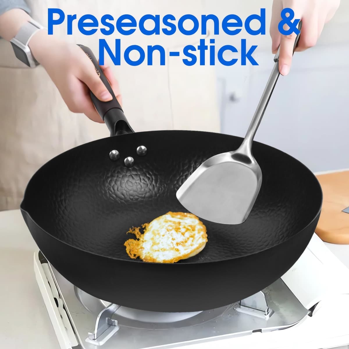 Souped Up Recipes 13.4 Inch Carbon Steel Wok for Electric, Induction and Gas Stoves (Lid, Spatula and User Guide Video Included) thumbnail 5