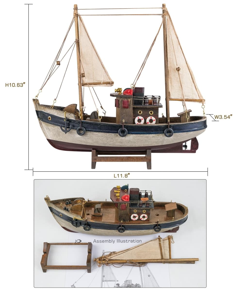 SAILINGSTORY Wooden Fishing Boat Model Ship Sailboat Decor 12" thumbnail 2