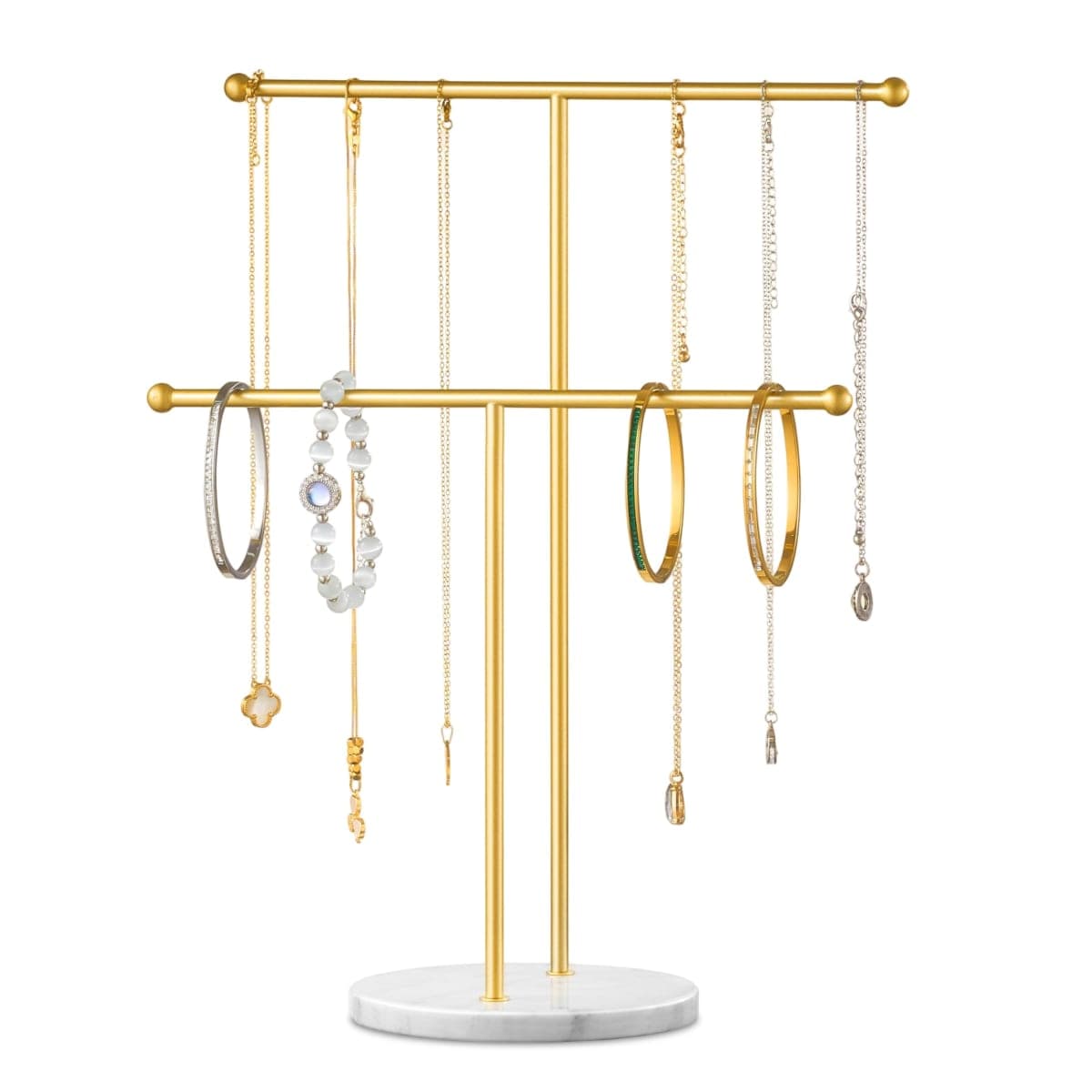 pickpiff Necklace Holder Stand: 2 Tier Jewelry Organizer with Marble Base, Gold Jewelry Tree Display for Bracelets, Rings, Earrings, Gold and White — image 1