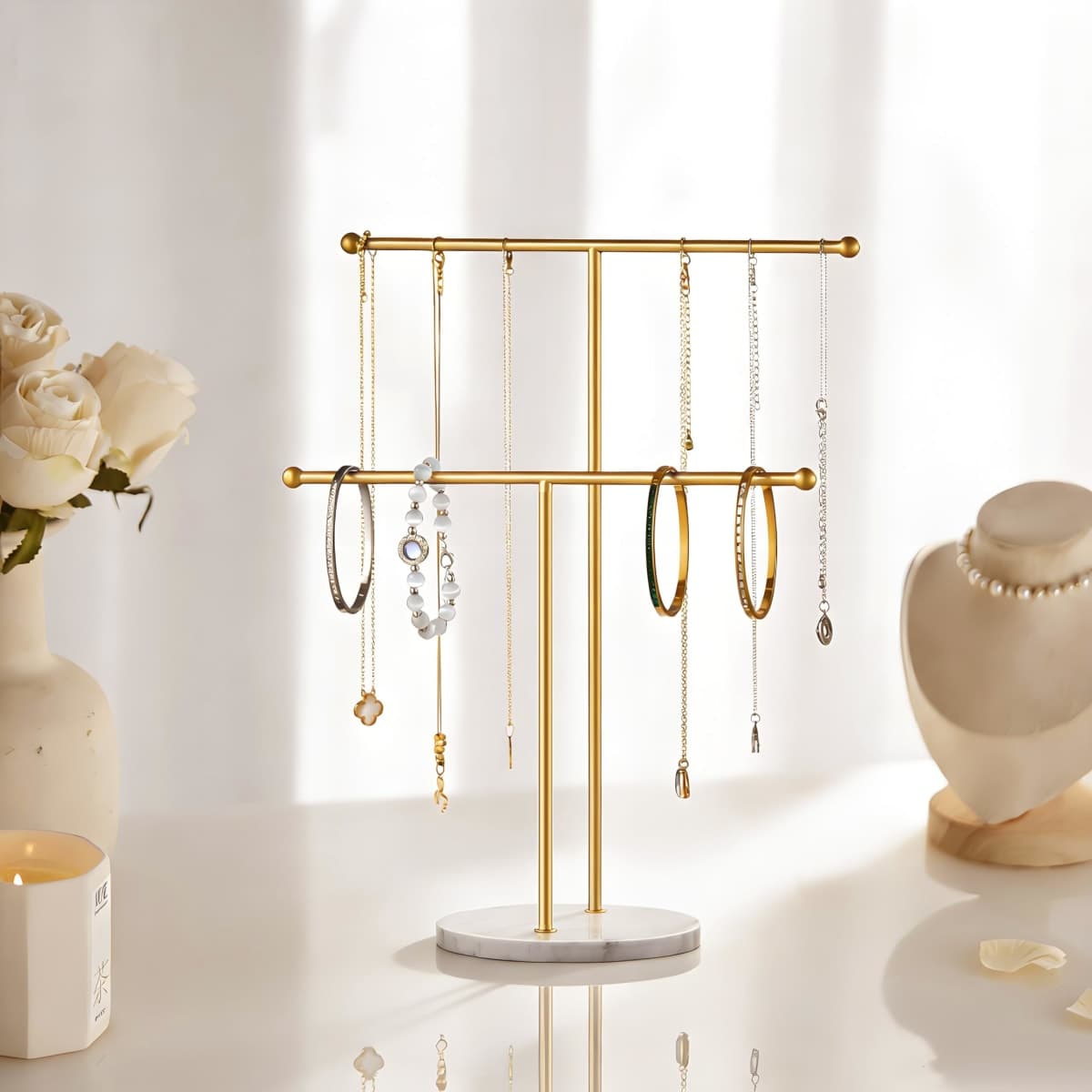 pickpiff Necklace Holder Stand: 2 Tier Jewelry Organizer with Marble Base, Gold Jewelry Tree Display for Bracelets, Rings, Earrings, Gold and White thumbnail 2