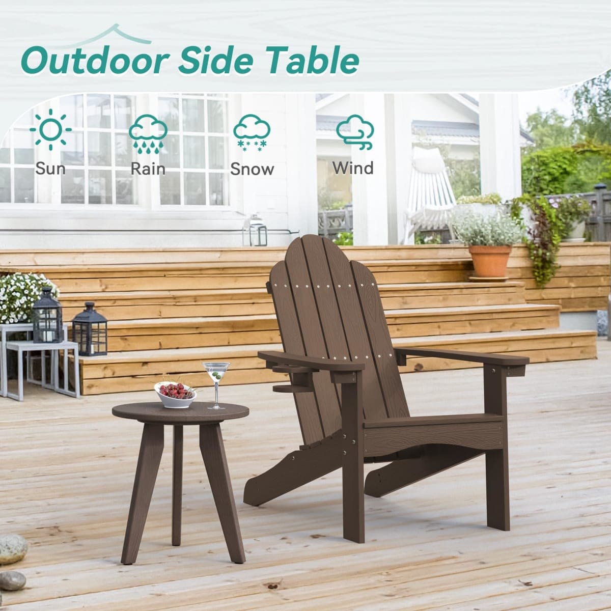 Homenjoy Outdoor Side Table, HDPE Outdoor Table, Small Round Side Table Weather-Resistant, Outdoor Side Tables for Patio, Porch,Deck,End Table for Plant Stand, Dark Brown thumbnail 3